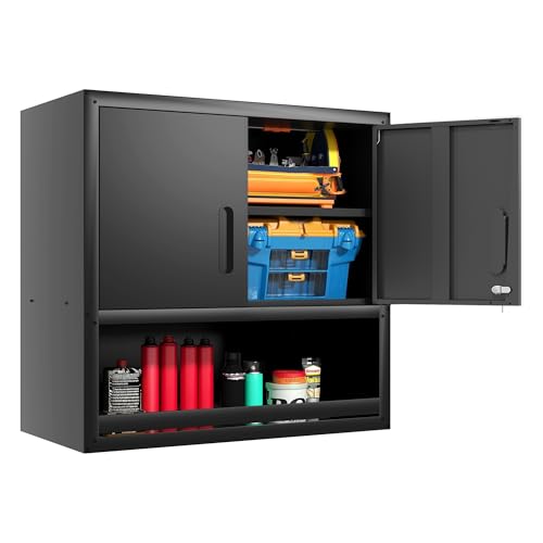 Wall Mounted Metal Storage Cabinet, Garage Hanging Tool Cabinet - color: Black, size: S - 2 Doors & Open Storage (Wall)