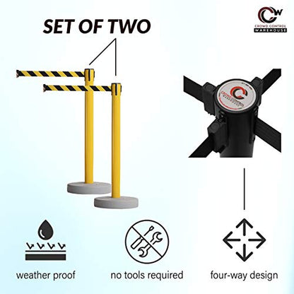 Crowd Control Warehouse - CCW Set of 2 Retractable Belt Barrier Stanchion, Water Fillable Base MSH630-11 Foot Belt, Blue and White Diagonal with Black PVC Plastic Post - color: Blue and White Diagonal, size: Black Post