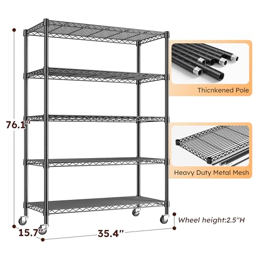 REIBII 5 Tier Storage Shelves, 1653LBS Heavy Duty&Silent Wheels for Garage - size: 35.4"Wx15.7"Dx76.1"H & 1653LBS