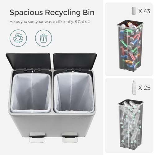 SONGMICS Trash Can, 2 x 8 Gallon (2 x 30 L), Silver and Black - color: Silver + Black, size: 2 x 8 Gallon