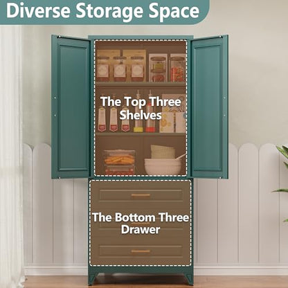 Polup 75" Metal Storage Cabinet, Kitchen Pantry Cabinet with 3 Drawers - color: Green, size: 75"H - 3 Drawers