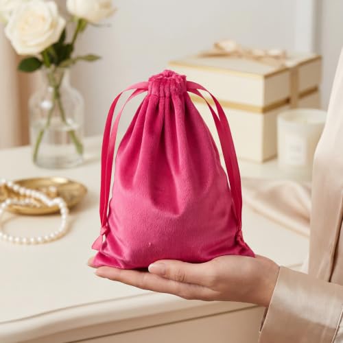 25 Pcs Velvet Drawstring Bags 5 x 7 Inch, Hot Pink Soft Velvet Pouches - color: Hot Pink
