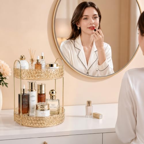 Large Capacity Rotating Makeup Organizer Perfume Stand Holder, 2 Tier Gold - color: Gold, size: 2 Tier (Standard)