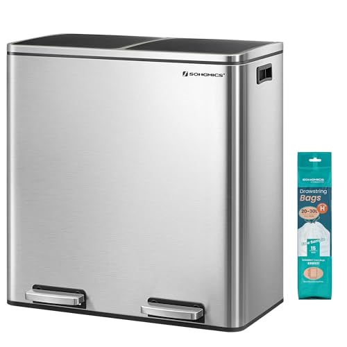 SONGMICS Trash Can, 2 x 8 Gallon (2 x 30 L), Silver and Black - color: Silver + Black, size: 2 x 8 Gallon