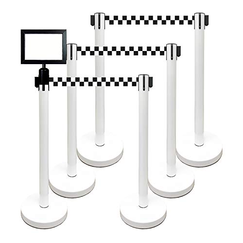 Retractable Stanchion, 6 SPECIALTY Posts + Signframe, 36" Ht, 78" Special Event & Holiday Theme Belt + Bonus Replacement Cassettes + Wall Receiver (WHT Post/Checker Belt) - color: Wht Post/Checker Belt