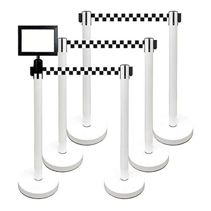 Retractable Stanchion, 6 SPECIALTY Posts + Signframe, 36" Ht, 78" Special Event & Holiday Theme Belt + Bonus Replacement Cassettes + Wall Receiver (WHT Post/Checker Belt) - color: Wht Post/Checker Belt