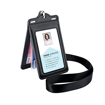 Badge Holder with 2 Lanyard Leather Easily Holds 1 to 6 Cards, Trifold Heavy Duty ID Card Holder, for Nurse Teacher School Medical Law Enforcement - color: Black