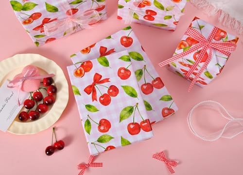 Sikiweiter Cherry Wrapping Paper Roll - 17" x 16.5 ft - Pink Gingham with Red Cherries and Bows - Gift Wrap for Birthday, Party, Baby Shower, Sweet Themes(Cherry) - color: Cherry