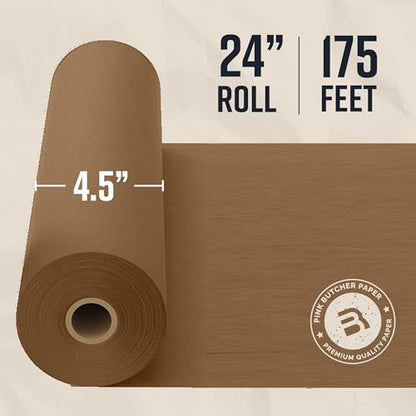 Bryco Goods 24 Inch x 175 Feet, Brown Butcher Paper Roll, Unbleached, Uncoated, Unwaxed, Food-Grade, Wide Kraft Paper for BBQ, Smoking, Grilling, Wrapping Meat, Table Covering - USA Made - size: 24 Inches x 175 Feet (1-Pack)