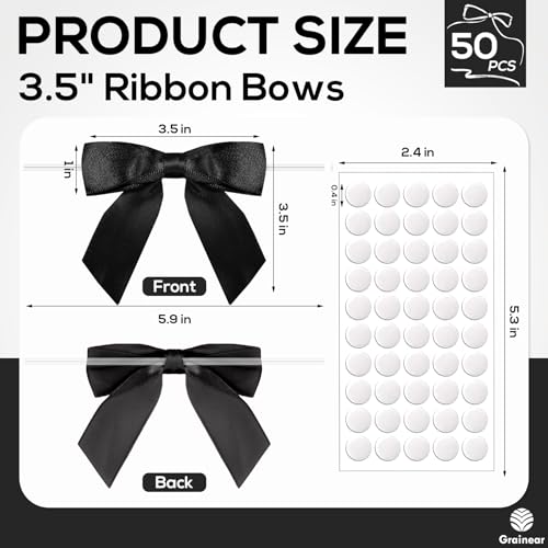 50 Pcs Black Satin Ribbon Bows, 3.5" x 3.5", with Twist Ties - color: Black