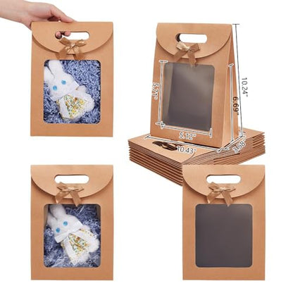NBEADS 12 Pcs Tan Kraft Paper Bags, Stand Up Gift Bags with Handles and Transparent Window for Candy Cookies Packaging Wedding Christmas Party Store Retail, 7.48×3.58×10.24" - color: Tan-12Pcs-l.w.h:7.48x3.58x10.24"