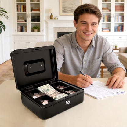 Jssmst Cash Box with Key Lock, Money Box with Cash Tray, Lock Box, Black, Large - color: Black, size: L(9.84")