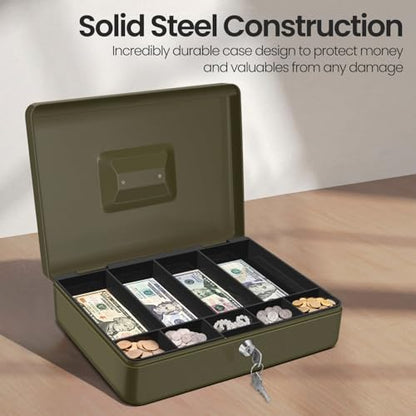 Flexzion Small Cash Box with Money Tray and Lock, 11.4-Inch, Green - color: Green