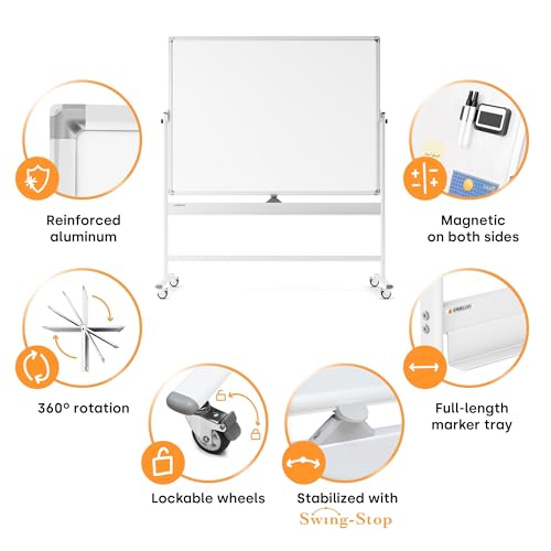Kamelleo Rolling Whiteboard on Wheels 60" x 46", Double Sided White Board - color: Pearl White, size: 60x46