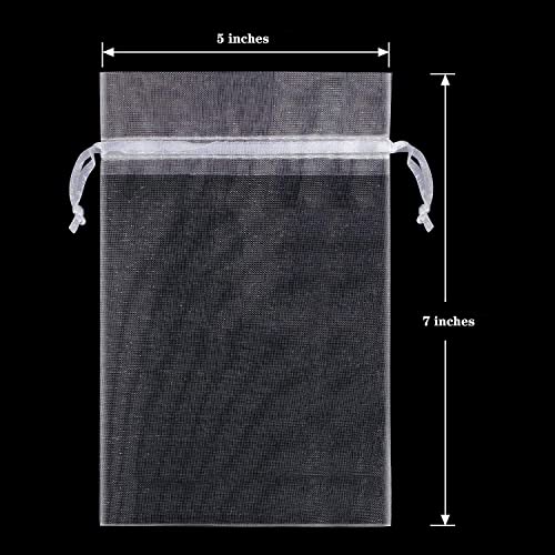 100 Premium Sheer Organza Bags, White Wedding Favor Bags with Drawstring, 5x7 inches Jewelry Gift Bags for Party, Festival, Makeup
