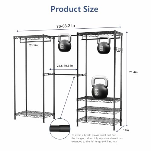 Heavy Duty Closet Garment Rack, Metal Clothes Racks Wardrobe with Shelf - color: Black