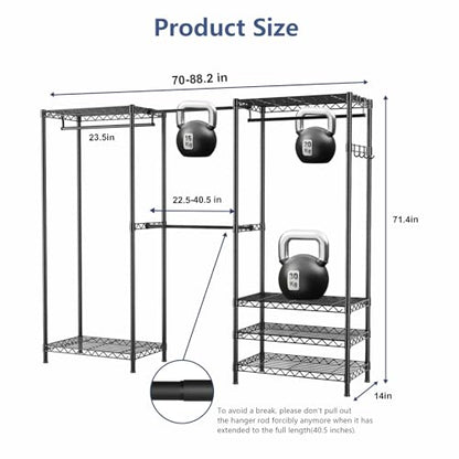 Heavy Duty Closet Garment Rack, Metal Clothes Racks Wardrobe with Shelf - color: Black
