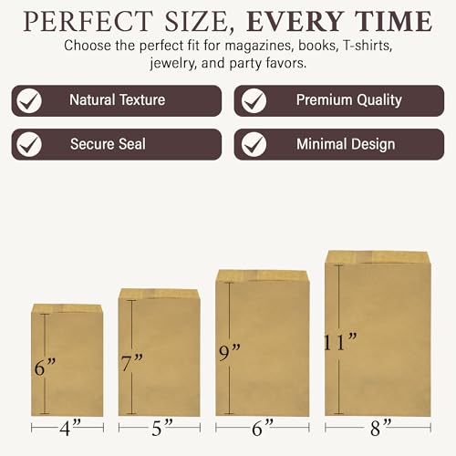 RJ Displays-100 Pack Kraft Brown Paper bags Merchandise Shopping Sales for Magazine, Books, Party Favor Bag T-Shirt (Brown, 6" x 9")- Premium bulk gift bags for small business - size: 6" x 9"