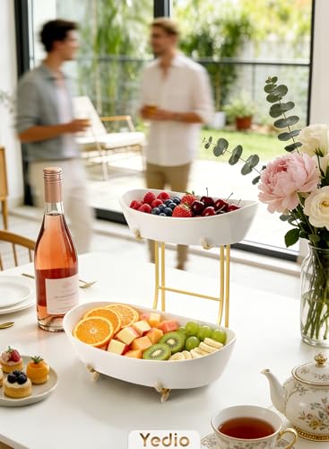 2 Tier Ceramic Fruit Bowl for Kitchen Counter with Gold Metal Stand - color: Gold, size: 2 Tier