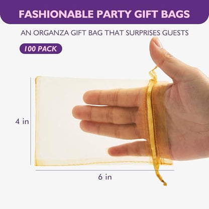 PACKINNO 100pcs Gold Organza Bags, Sheer Organza Bags 4x6 Inch, Small Mesh Bag, Drawstring Gift Bags for Party, Jewelry, Candy, Christmas, Festival, Bathroom Soaps, Makeup - color: Gold