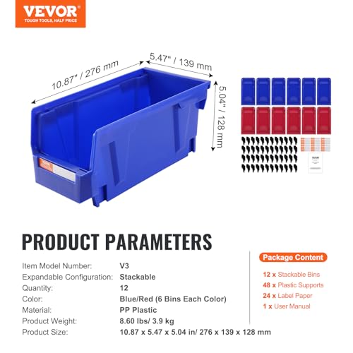 VEVOR Plastic Storage Bins 12 Pack (11 x 5 x 5-Inch), Hanging Stackable Storage Organizer Bins, Heavy Duty Stacking Containers for Closet, Garage, Office, Home, Pantry or Small Parts Organization - style: Red&Blue-12PC-5L