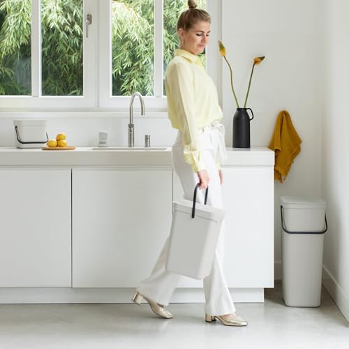 Brabantia Sort & Go Recycling Trash Can 3.2 Gallons (12L)(Gray), Space-Efficient Plastic Garbage Can with Handle, Removable and Stay-Open Lid, Easy to Clean Kitchen Bin Without Nooks and Rims