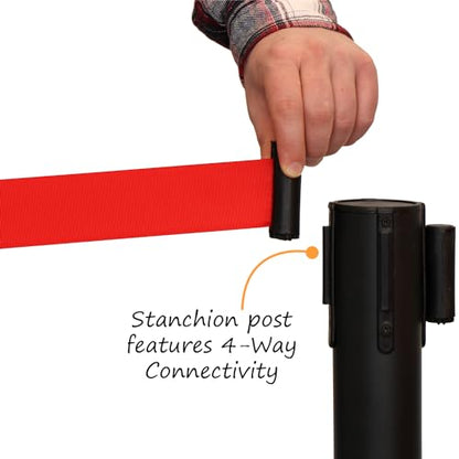 Smartign 2-Pack Retractable Belt Stanchion with 10ft Red Belt, 36 inch Tall Crowd Control Barricade Post with 20 lbs Concrete Base, 4-Way Connectivity, Powder-Coated Steel, Black, Made in USA