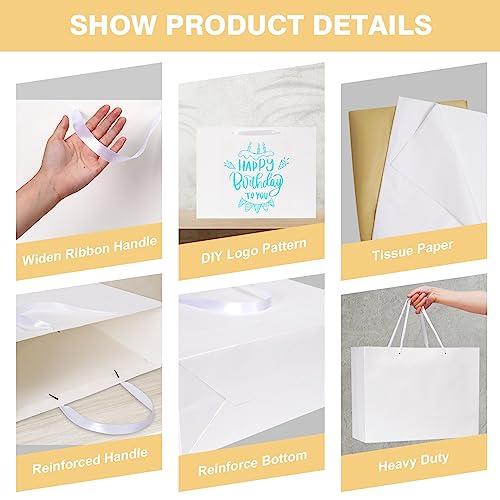 Plauthus 15.7" White Gift Bags, 3 Pack, Tissue Paper, Ribbon Handle - color: white-XL-3pcs