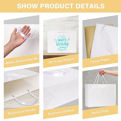 Plauthus 15.7" White Gift Bags, 3 Pack, Tissue Paper, Ribbon Handle - color: white-XL-3pcs