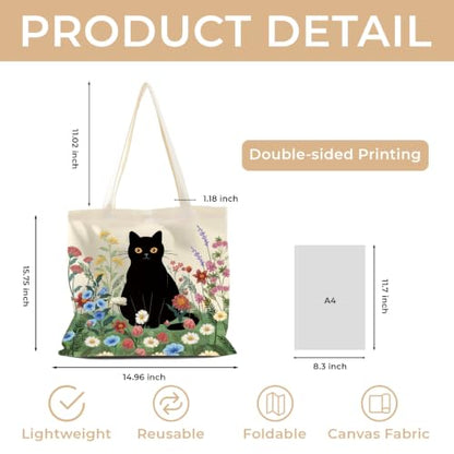 Cute Canvas Tote Bag for Women, Book Totebag with Zipper Pocket - color: Black Cat in Flower Shrubs