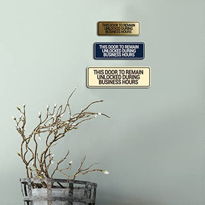 Signs ByLITA Standard This Door To Remain Unlocked During Business Hours Sign (Brushed Silver) - Small (2 Pack) - color: Brushed Silver, size: 2 x 6" - Small (2 Pack)
