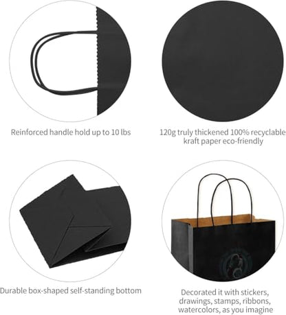 Large Black Kraft Paper Gift Bags with Handles, 13x7x13 Inch, 50Pack - color: Black-50