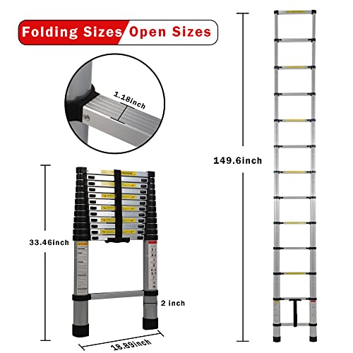 12.5 FT Telescoping Aluminum Extension Ladder, 330 lbs Capacity - size: 12.5ft