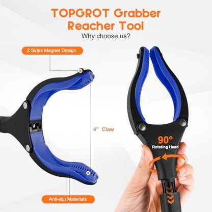 2-Pack Grabber Reacher Tool, 34" Foldable Reacher Grabber Pickup Tool with 90° Anti-Slip Rotating Jaw & Magnets, 4" Wide Claw Opening Reachers for Seniors, Trash Picker Tool - size: 34"