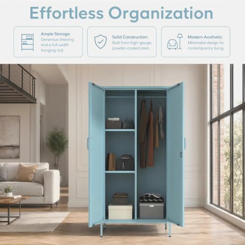 Metal Armoire Wardrobe Closet, 67" Tall Blue Lockable Wardrobe Cabinet with 2 Doors, Hanging Rod and Adjustable Shelves, Steel Clothing Storage Cabinet for Bedroom, Home, Cloak Room, Gym, Office - color: Ocean, style: Wardrobe-67"H-JS