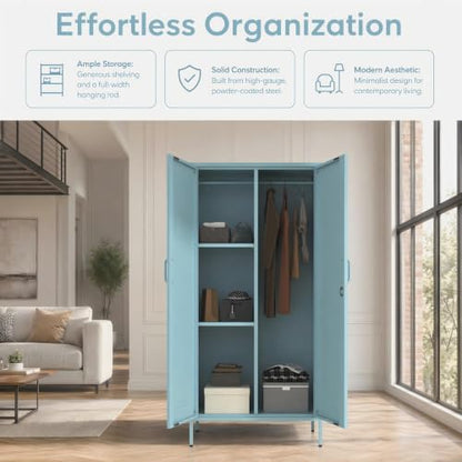 Metal Armoire Wardrobe Closet, 67" Tall Blue Lockable Wardrobe Cabinet with 2 Doors, Hanging Rod and Adjustable Shelves, Steel Clothing Storage Cabinet for Bedroom, Home, Cloak Room, Gym, Office - color: Ocean, style: Wardrobe-67"H-JS