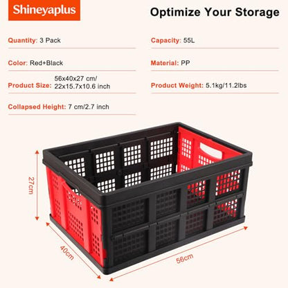55L Collapsible Storage Bins with Handle 3 Packs, - color: 55L 3PK (Black & Red)