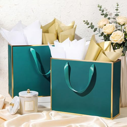ReliThick 12 Pack Paper Gift Bag with Handles & Tissue, Turquoise,Gold - color: Turquoise,Gold