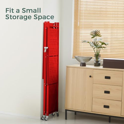 DEANIC 4 Tier Foldable Storage Shelves with Wheels, Large Capacity Shelving Unit, Freestanding Metal Wire Shelf Rack, No Assembly Organizer Rack for Garage Kitchen, Basement(Red) - color: Red
