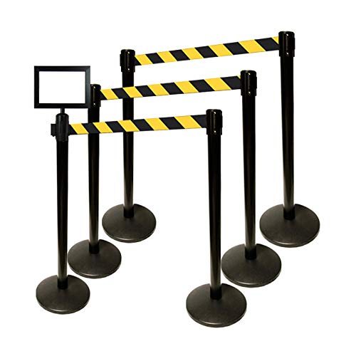 40" HT Retractable Belt Queue Safety Stanchions Barrier Combo Set (6 Posts Blk/YEL Belt+SFrame+WBracket) - color: 6 Posts Blk/Yel Belt+sframe+wbracket