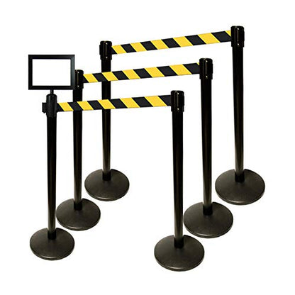 40" HT Retractable Belt Queue Safety Stanchions Barrier Combo Set (6 Posts Blk/YEL Belt+SFrame+WBracket) - color: 6 Posts Blk/Yel Belt+sframe+wbracket