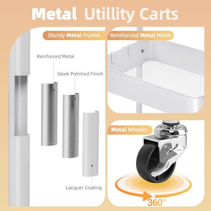 KINGRACK 3 Tier Metal Rolling Cart with Drawer, White Utility Storage Cart - color: White