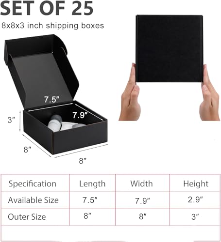 8x8x3 inch Black Shipping Boxes for Small Business- Set of 25 - color: Black, size: 8x8x3 Inch