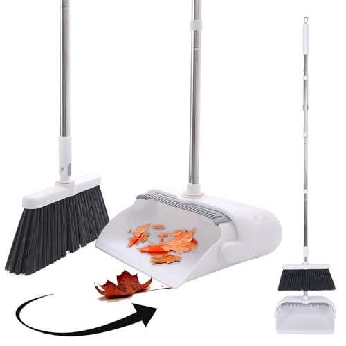 Heavy Duty Broom and Standing Dustpan Combo Set, Rotatable Head Dust Pan and Brush Set with Collapsible Handle, Cleaning Teeth, Hanging Loop, Ideal for Pets, RV, Kitchen, Camping, Outdoor Floor, White