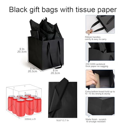Papertide 24 Pack 8x8x8 inch Black Square Gift Bags with Tissue Ppaper - color: Black