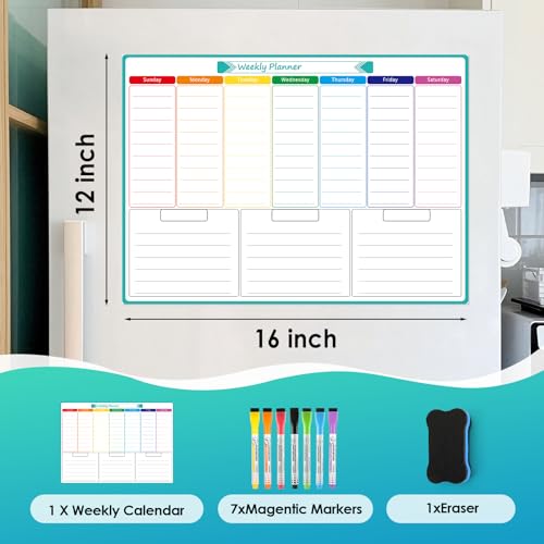 MaxGear Weekly Dry Erase Board for Fridge, 16"x12" Magnetic Calendar