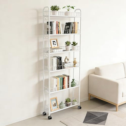 6in 6 Tier Slim Rolling Storage Cart with Wheels, White - size: 6in White