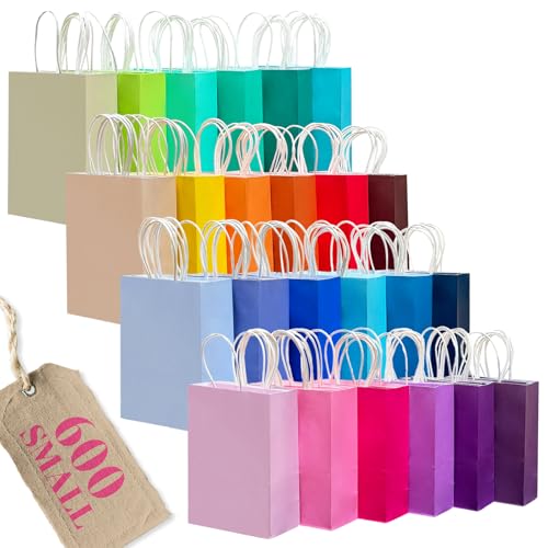 qiqee 600Pcs Small Paper Gift Bags with Handles - Party Favor Bags - 24 Solid Colors(15x21x8cm/6"x8.3"x3.15") - size: Small - 1 count (Pack of 600)