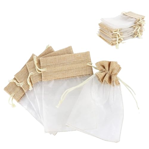 GULELAYAR 30pc Linen Jute Organza Bags - 4x6 Inch Mesh Chiffon Gift Candy Jewelry Pouches Drawstring Bags for Wedding Easter Party Favors Christmas