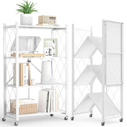 Fenbeli 4-Tier Folding Metal Storage Shelves with Wheels, 600 lb Capacity - color: White, size: 4 Tier